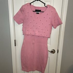 Vintage Dress Andrea Jovine Ann Taylor Pink with Drop Pearl Bodice Fitted Dress